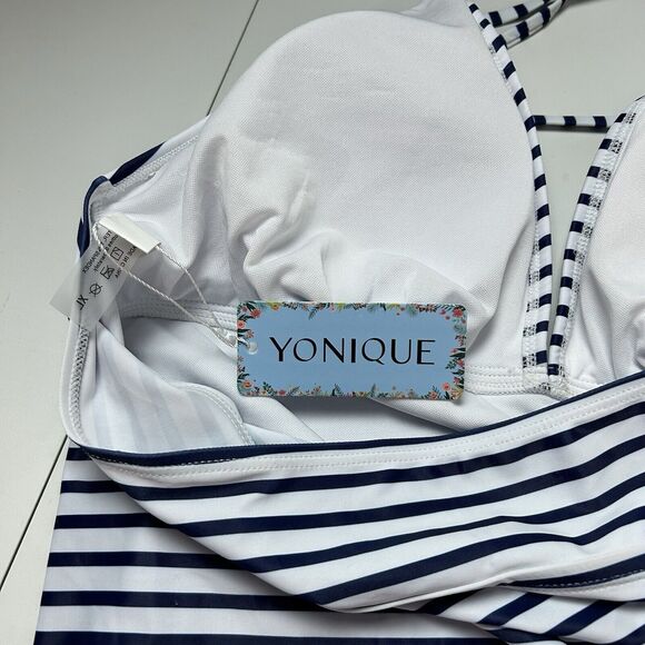 Yonique Open Back Halter Tankini Top Swimsuit Blue White Stripe XL Ruched - Picture 5 of 11